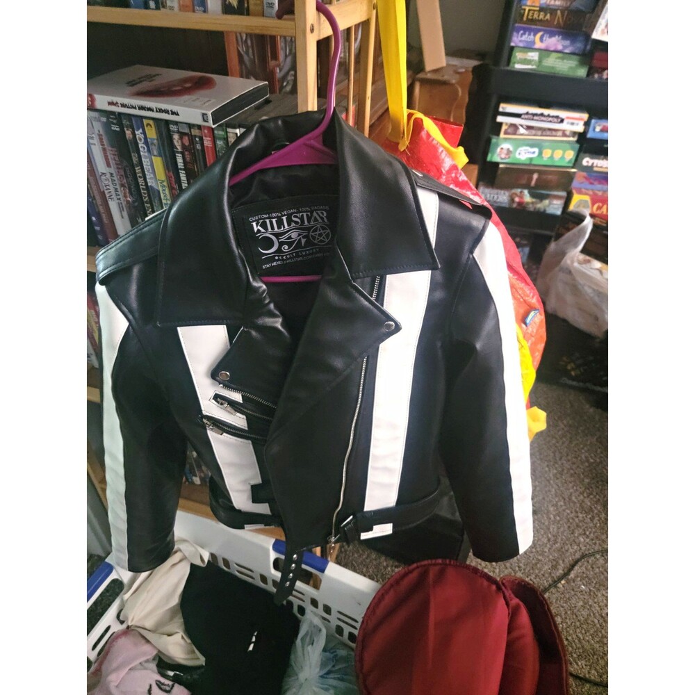 Killstar Unisex Biker Jacket Black/White Colorblock Faux Leather Zip Buckle XL